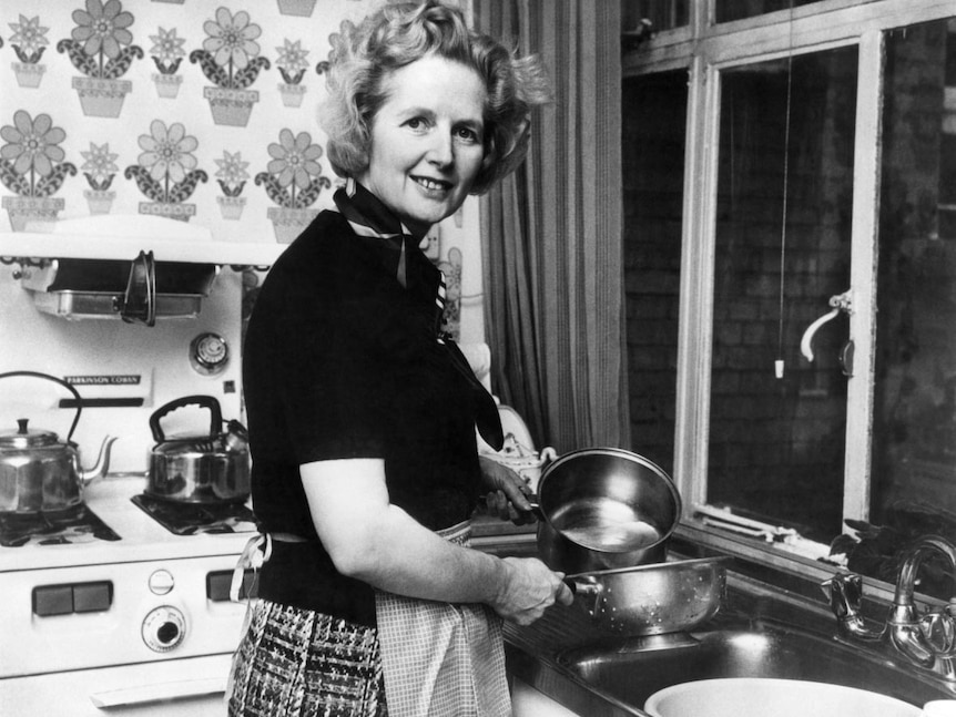 Margaret Thatcher in the kitchen of her Chelsea home.