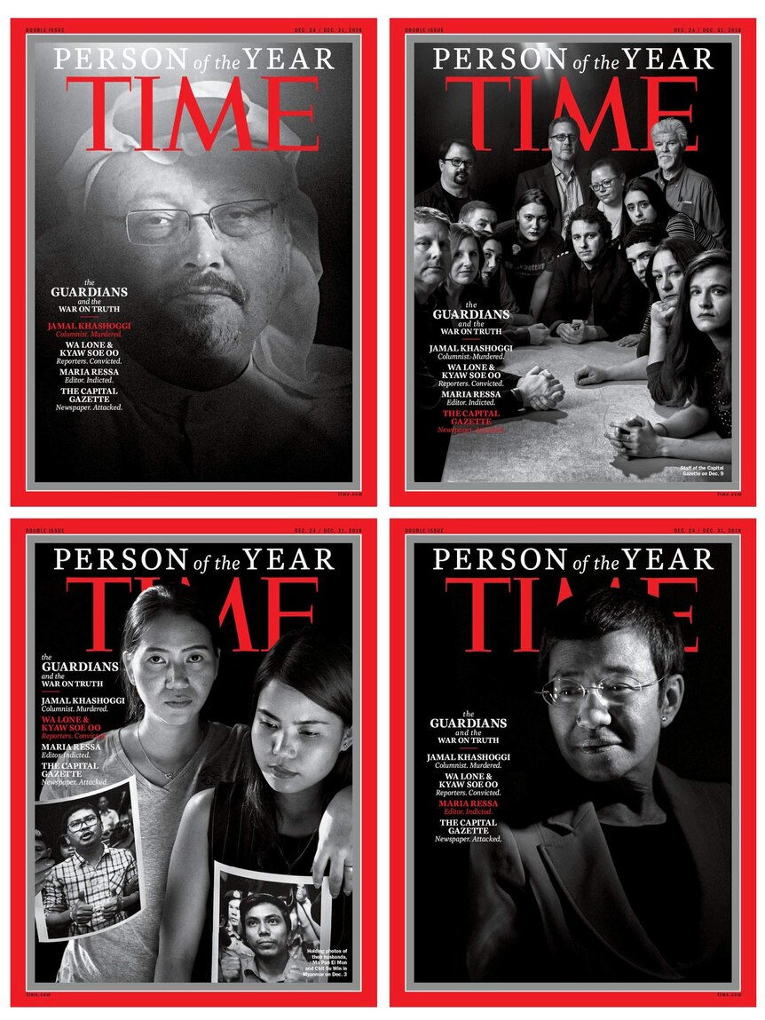 Four Time magazine covers mocked up in a composite. The covers depict "The Guardians and the War on Truth".