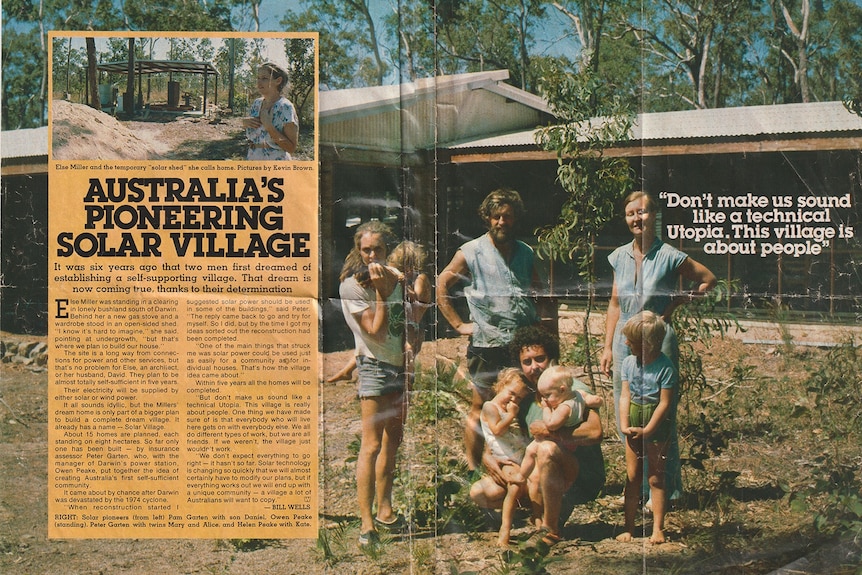 An old magazine article and photo of families who built the solar village.