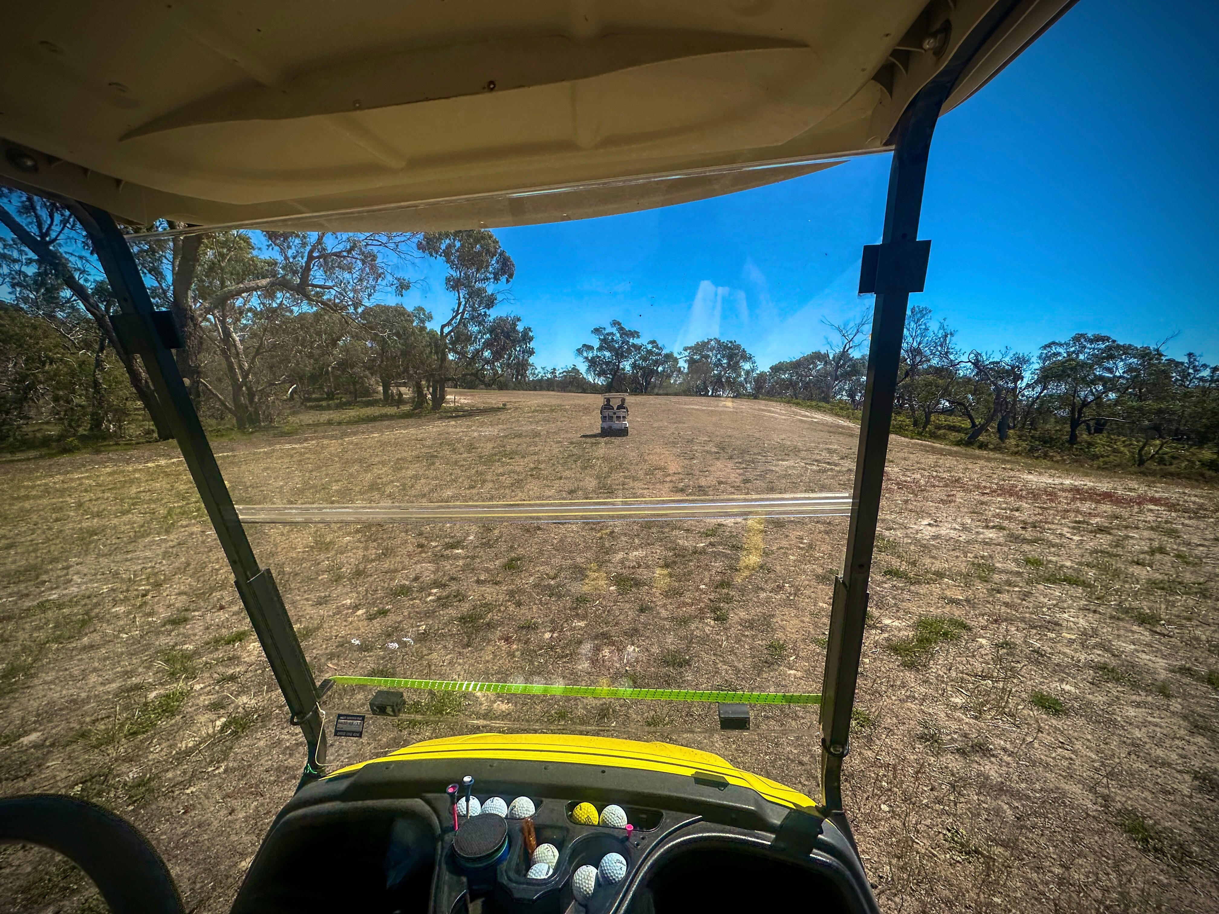 Golf caddies on a scrubby fairway