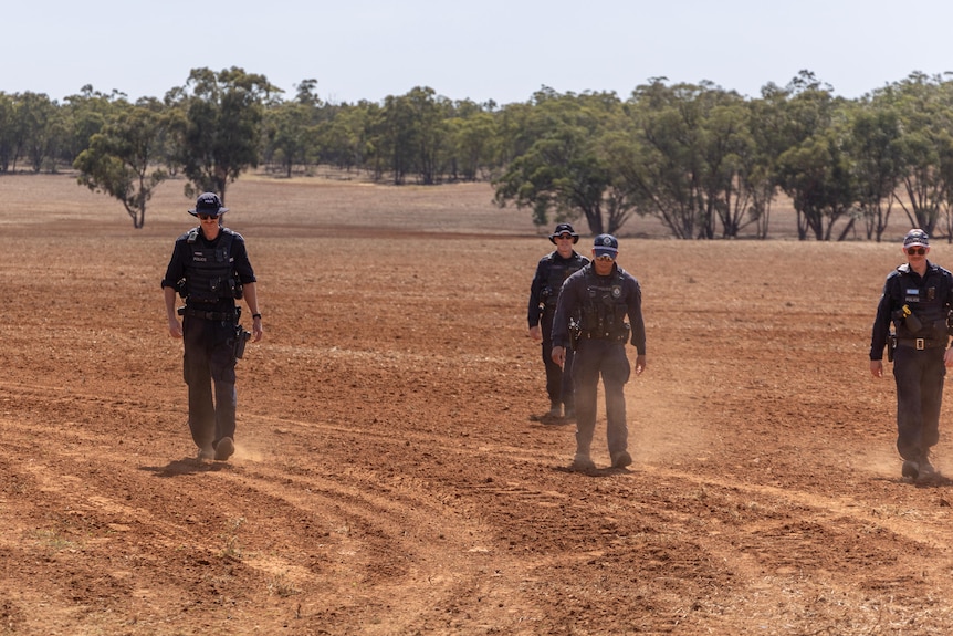 A line of police walk along a farm paddock