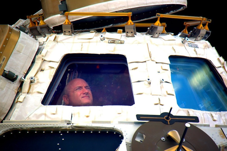 Astronaut Scott Kelly peers out at space.