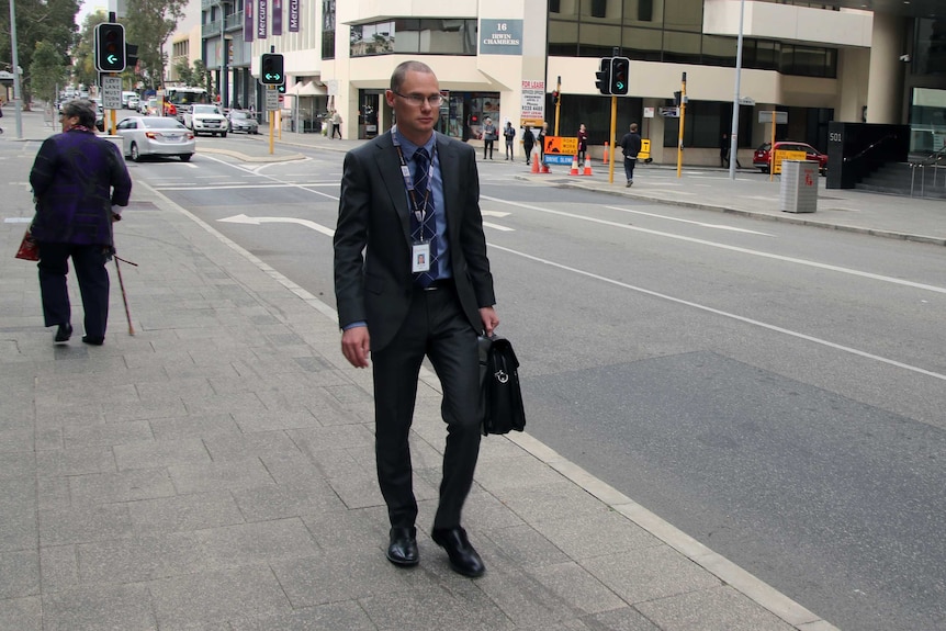 Dr Daniel Moss leaving a Perth court after giving evidence.