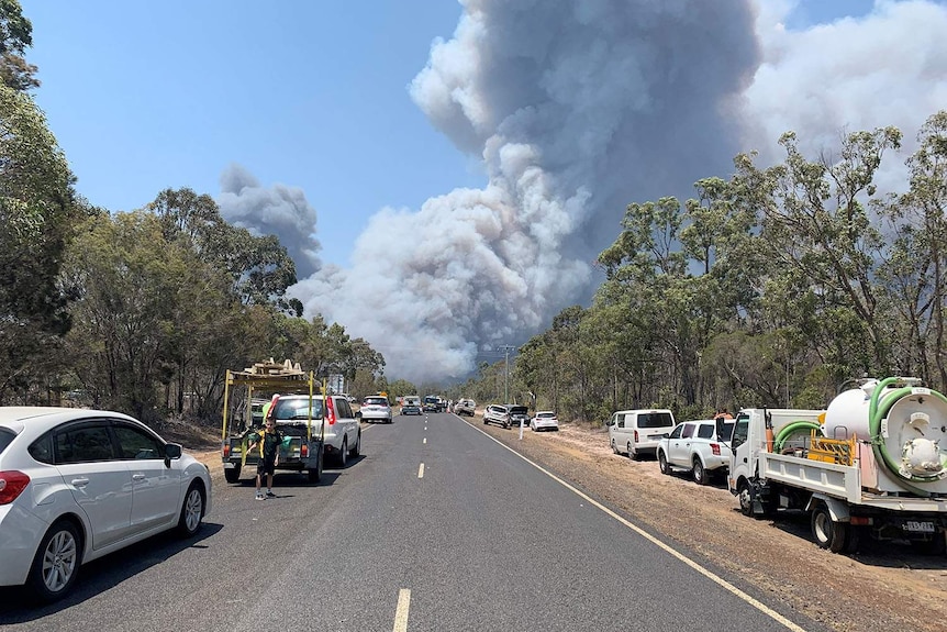 Huge cloud of smoke from bushfire ahead of cars and people lined up along Woodgate Road.