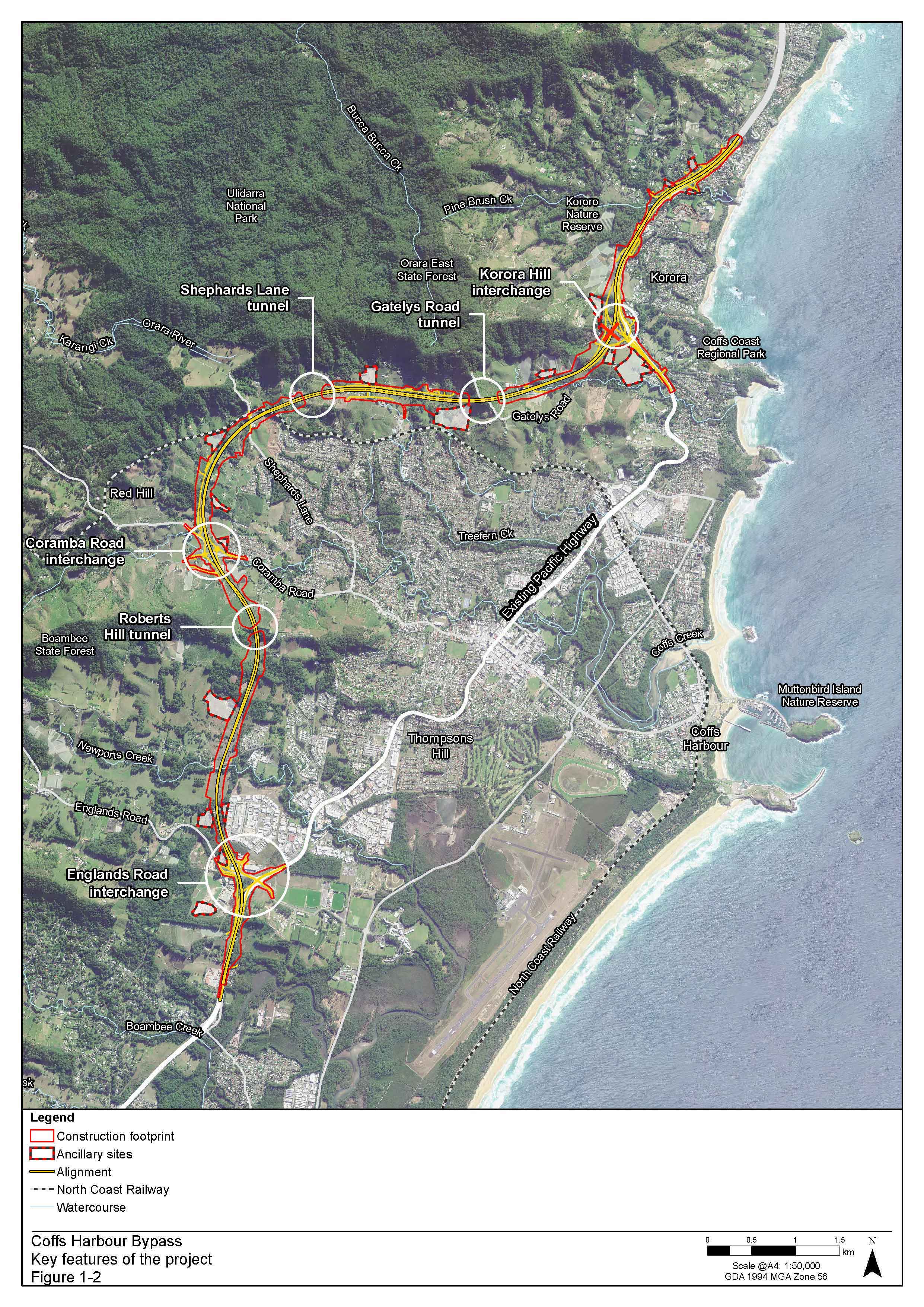 A map that shows the path of a new highway which goes around the town of Coffs Harbour.