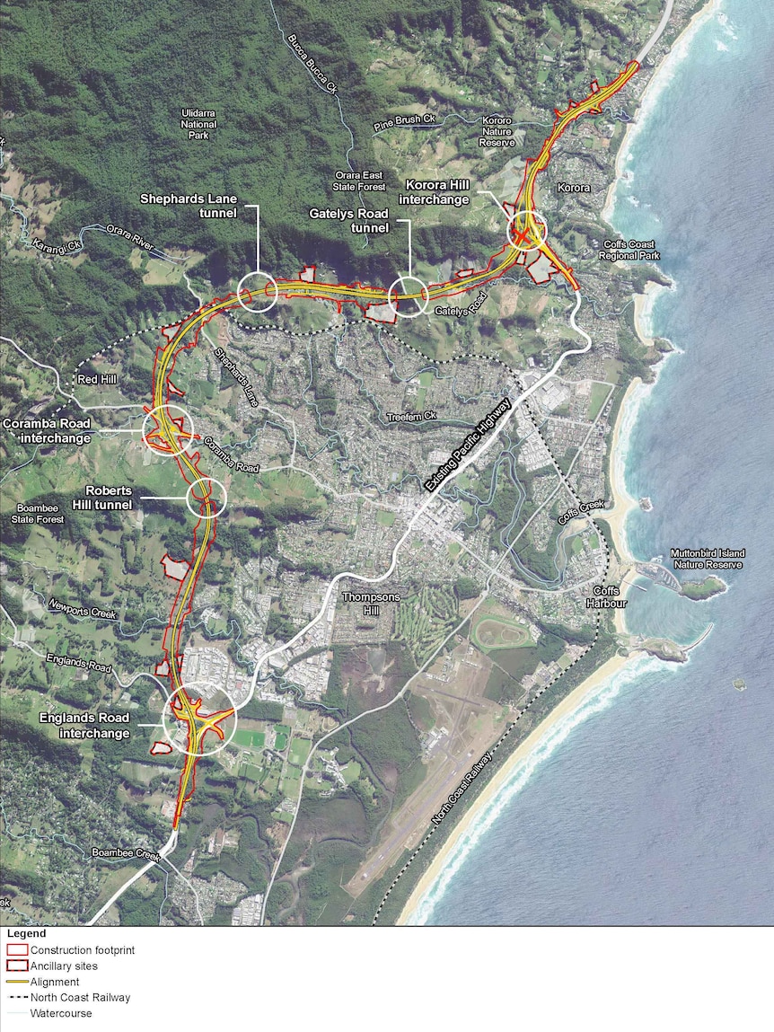 A map that shows the path of a new highway which goes around the town of Coffs Harbour.