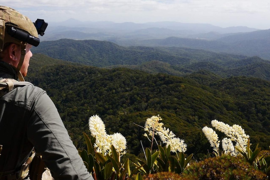 A man on a remote clifftop, with flowering orchids in far north Queensland.