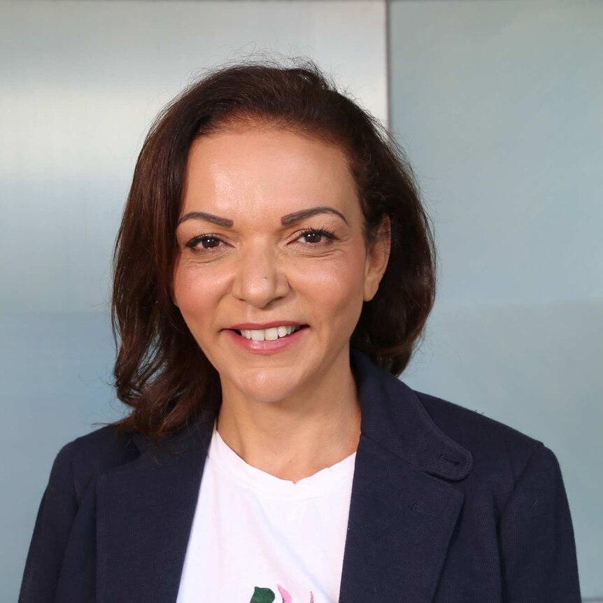 A headshot of Anne Aly in a navy jacket and light pink top.