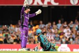 Hurricanes wicket keeper Matthew Wade appeals as Alex Ross slides into his crease.