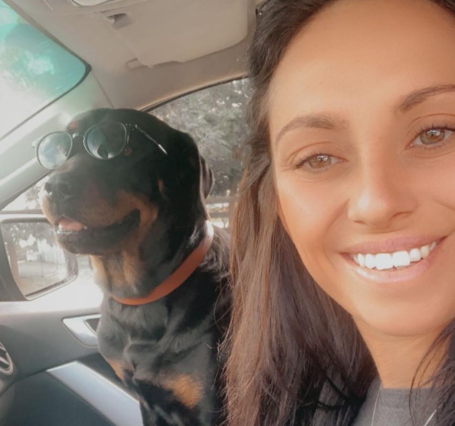 Selfie portrait  of young woman in car with dog wearing sunglasses