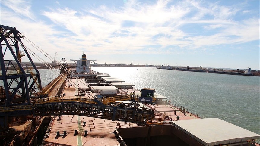An iron ore ship being loaded in Port Hedland