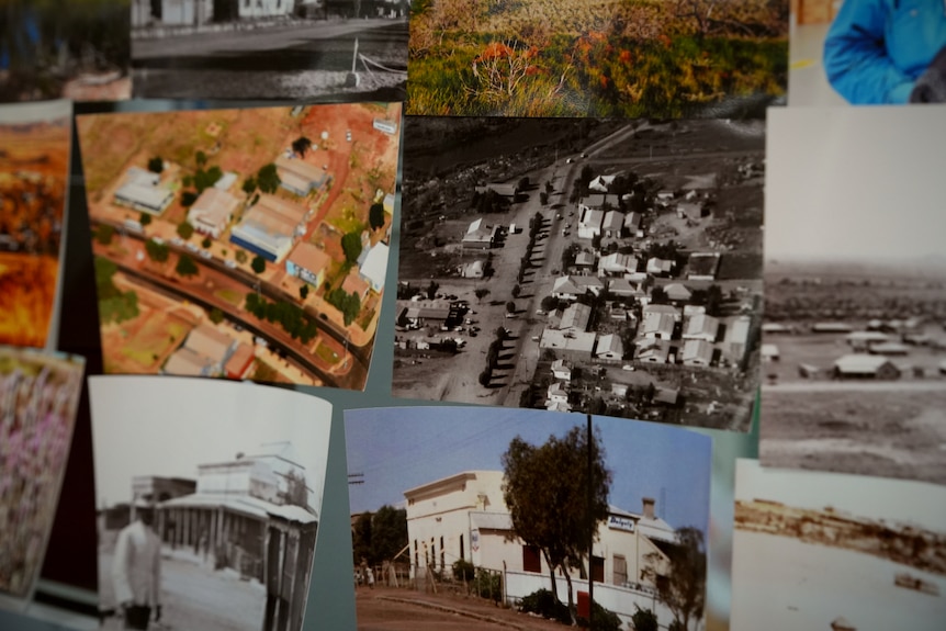 A collage of printed colour photos of a brown red outback town