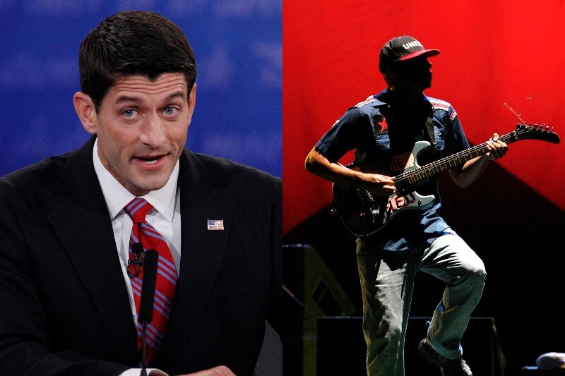 A split image showing a middle-aged man in a suit at a debate and another man wearing a cap and playing guitar onstage.