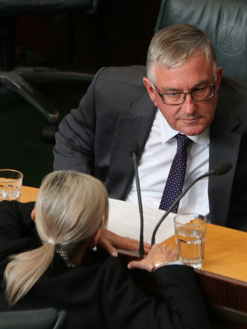 Rene Hidding listens to Liberal colleague and former Speaker Elise Archer.