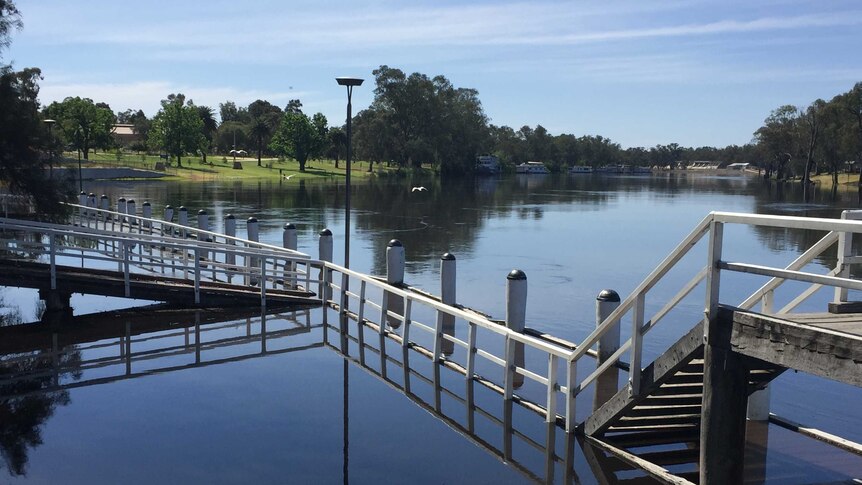 Murray River flooding covers lower deck of wharf