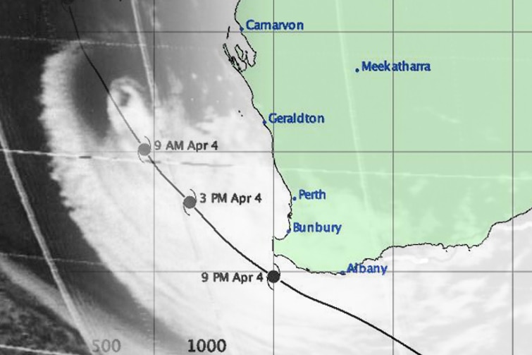 A map of WA with a cyclone path coming around the south-west, overlaid over a cyclone satellite image.