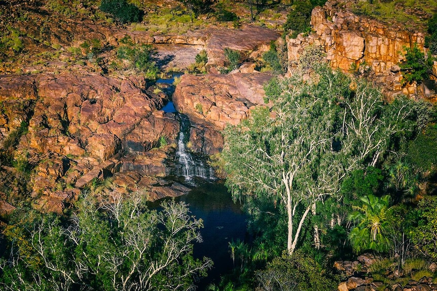 a waterfall tumbles over orange cliffs, creating a pool that is surrounded by trees