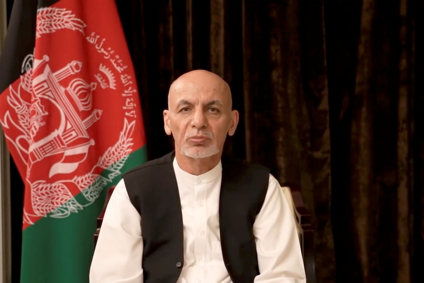  A video shows Afghan president Ashraf Ghani speaking from exile in the United Arab Emirates.