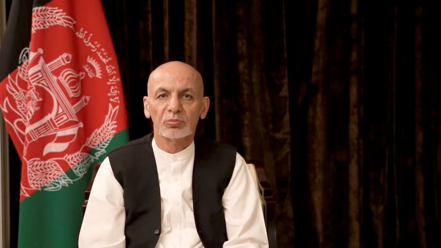     A video shows Afghan President Ashraf Ghani speaking from exile in the United Arab Emirates.