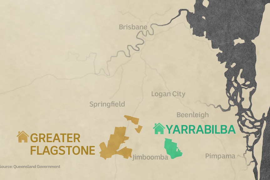 A map of the Greater Flagstone and Yarrabilba priority development areas, south of Logan.