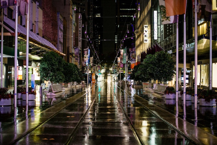 Melbourne's Bourke Street Mall is shown deserted at night.