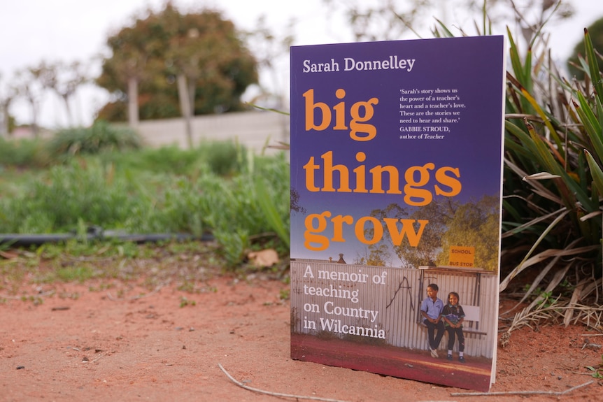A book with purple illustrations and orange words sitting on red dirt.