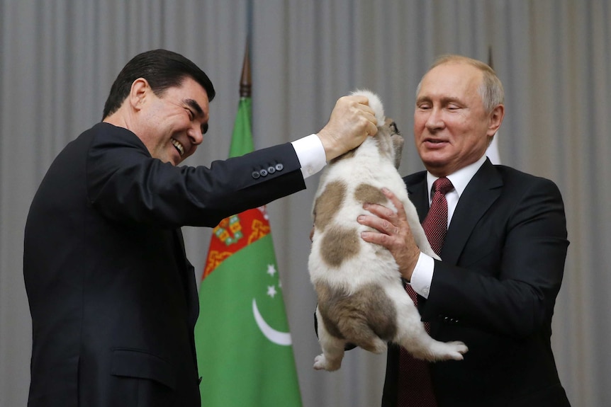 Gurbanguly Berdymukhamedov presents a Turkmen shepherd dog to Vladimir Putin.