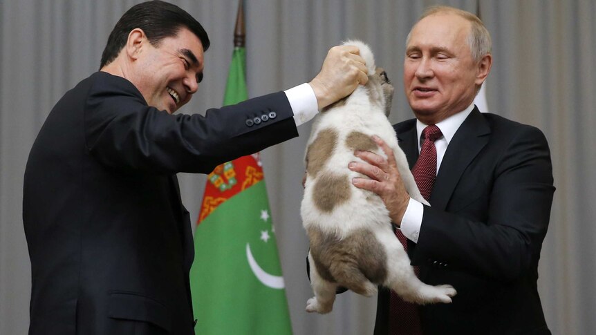 Gurbanguly Berdymukhamedov presents a Turkmen shepherd dog to Vladimir Putin.