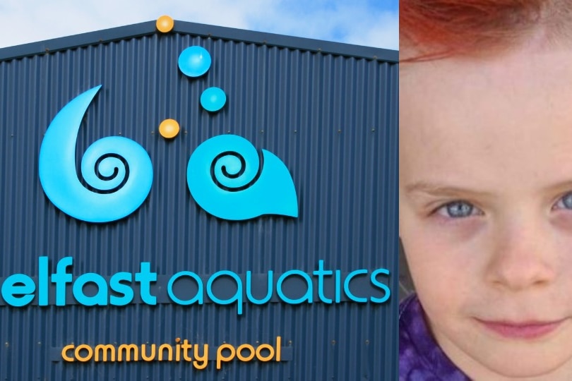 a composite image of a little boy and a pool sign