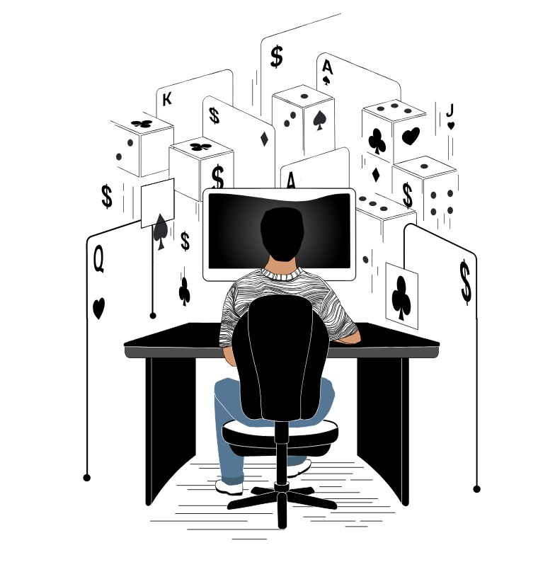 An illustration of a man sitting at a computer with cards and dice looming over him