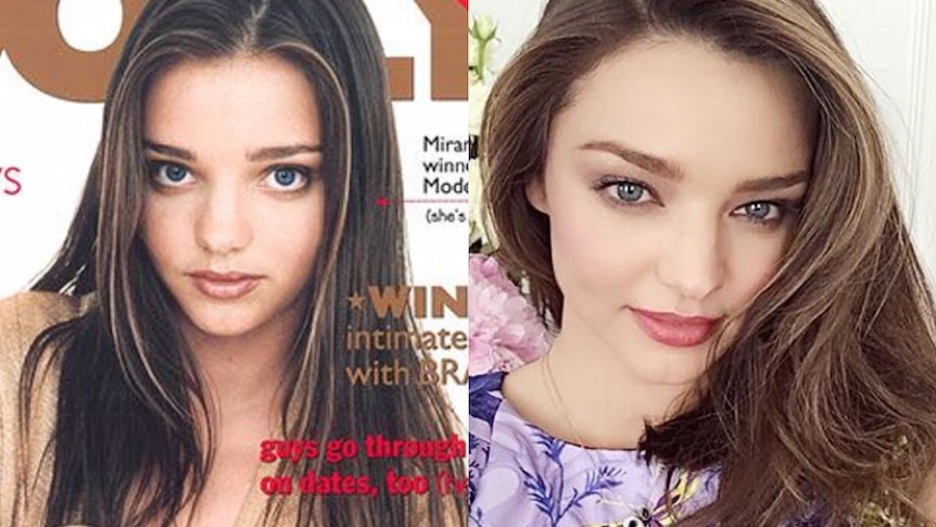Miranda Kerr on cover of DOLLY in 1997 beside recent photo of the model