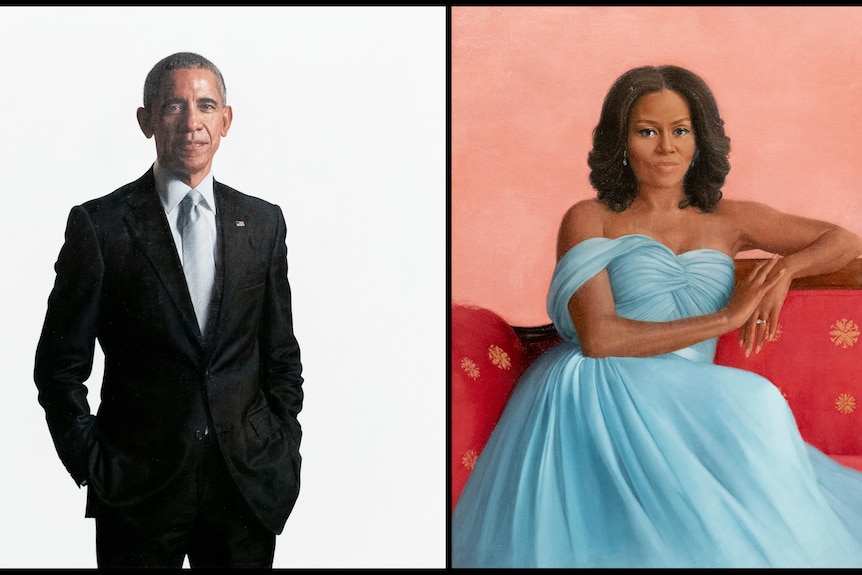 Portraits of Barack Obama and Michelle Obama