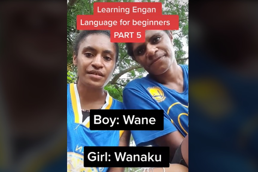 A screenshot from a language tutorial on TikTok showing two young women from Papua New Guinea.