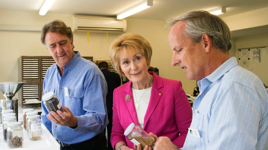 Darryl McClements and Clinton Revell show Kerry Sanderson the seeds to be send to the global seed vault.