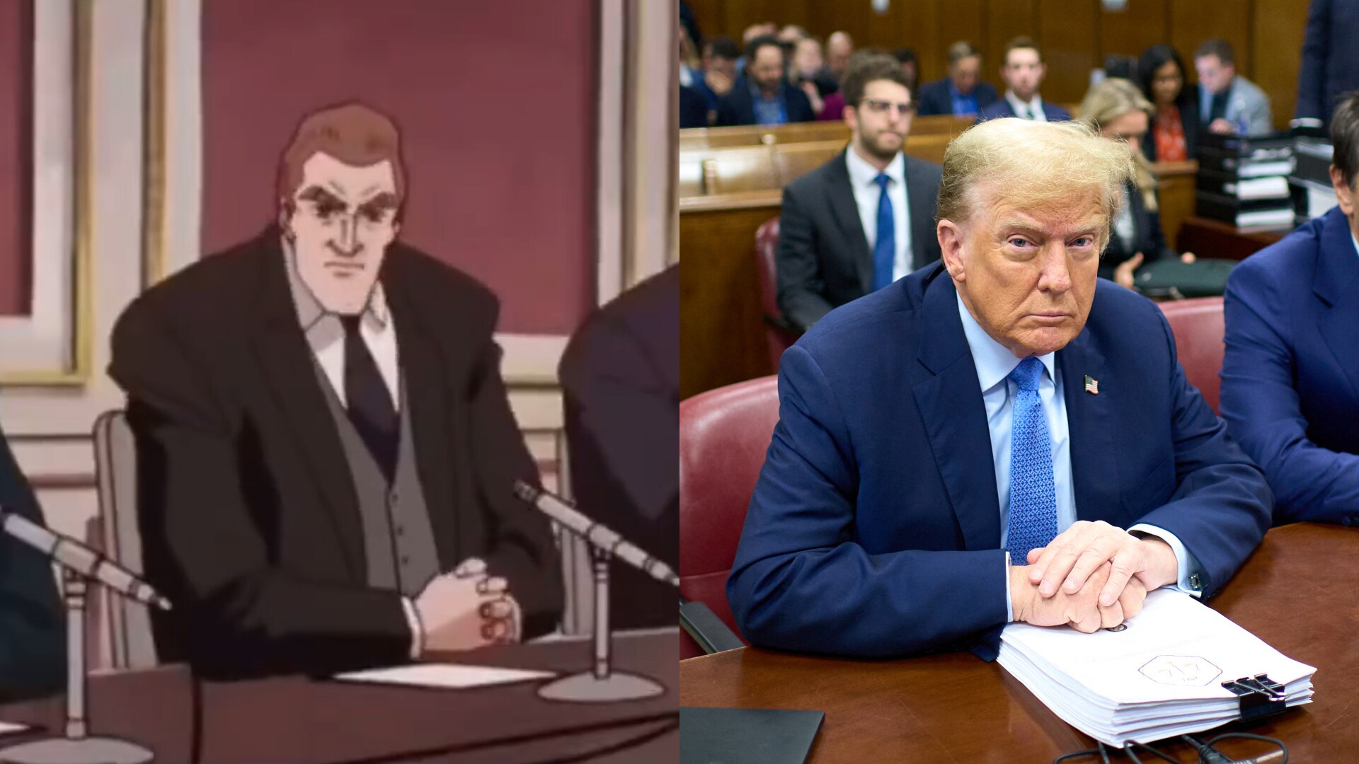 Una imagen compuesta de un anime con un hombre con un traje sentado en una mesa y Donald Trump en la misma postura.