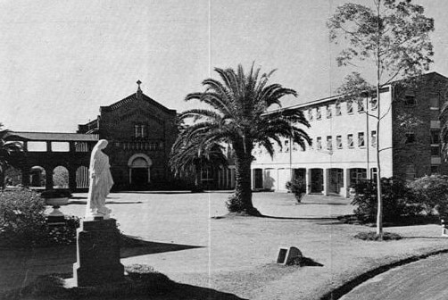 Black-and-white archival image of a smiling boy superimposed in front of a Christian Brothers school.