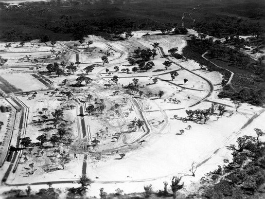 Aerial view of work in progress on games village site 1960-62