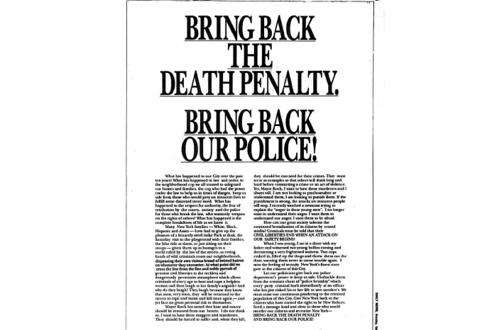 A full-page advertisement taken out by Donald Trump during the 'Central Park Five' case in 1989.