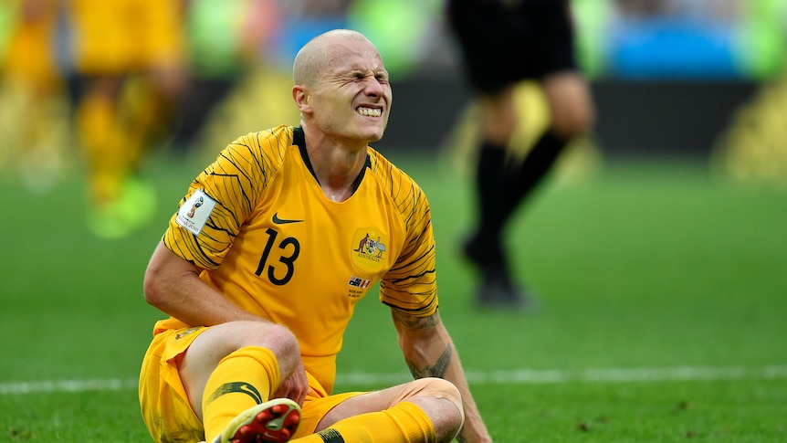 Aaron Mooy winces in pain during loss to Peru