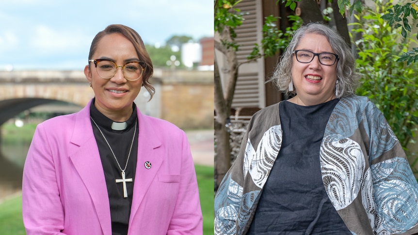charissa suli with clerical outfit, purple jacket and cross necklace (L) sharon hollis with navy dress and pattern jacket (R)