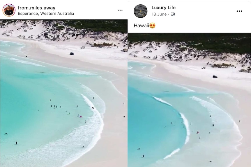 Social media posts showing the same footage from Esperance used to market Hawaii.