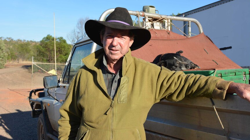 A 70-year-old man with a black brim hat stands by his ute in the sun, as his dog sleeps in the background.