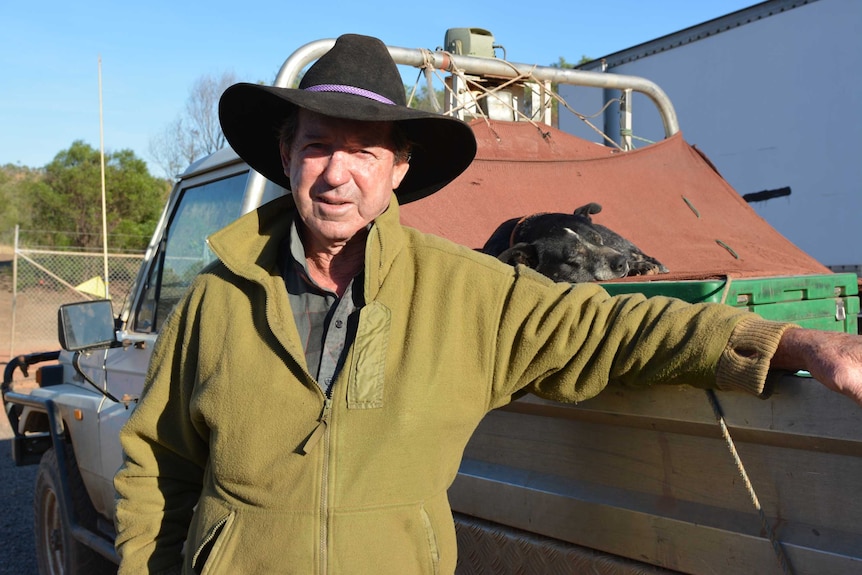 A 70-year-old man with a black brim hat stands by his ute in the sun, as his dog sleeps in the background.