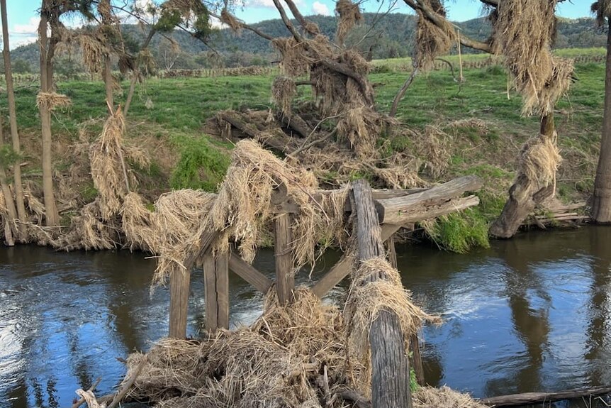 A bridge that has been destroyed by a flood. It is covered in organic debris.