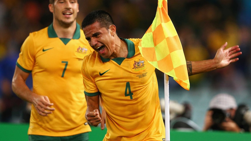 Cahill celebrates his goal against South Africa