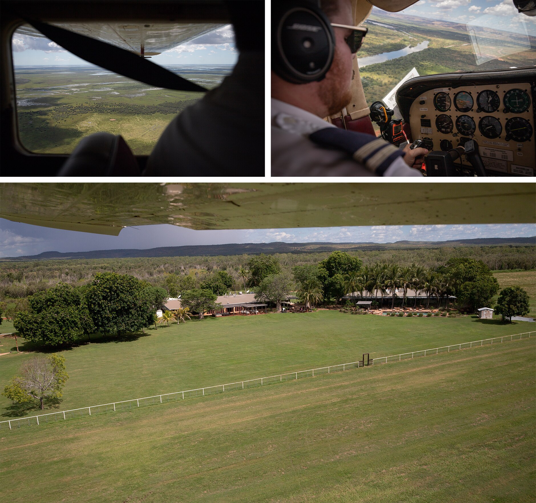 A grid of three photos showing Bullo River Station homestead and pilot Jordan Griffin flying over the station.