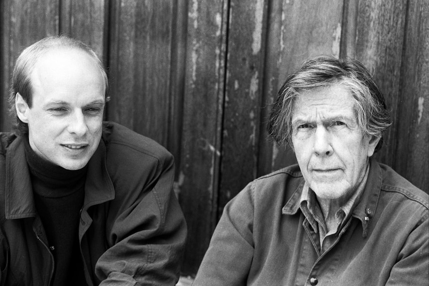 A portrait of musicians John Cage and Brian Eno