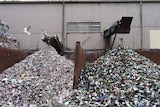 Recycled glass piles at SKM-managed materials recovery facility, Derwent Park, Hobart, 2018.