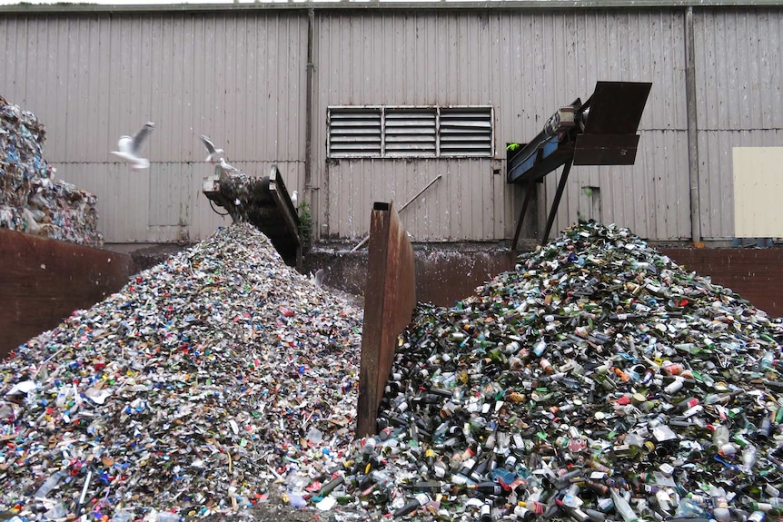 Recycled glass piles at SKM-managed materials recovery facility, Derwent Park, Hobart, 2018.