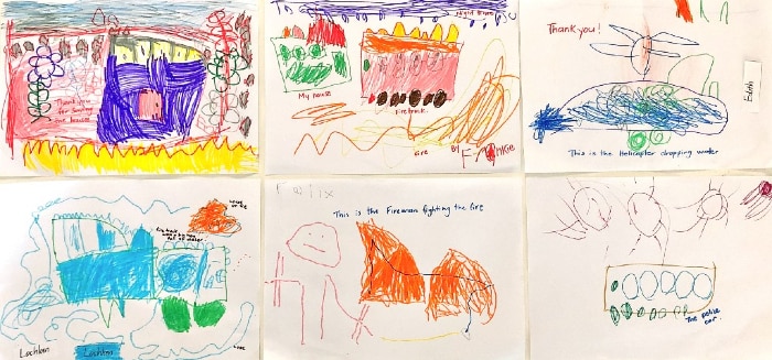 Six drawings by kindergarten children depicting their stories and images after a fire.
